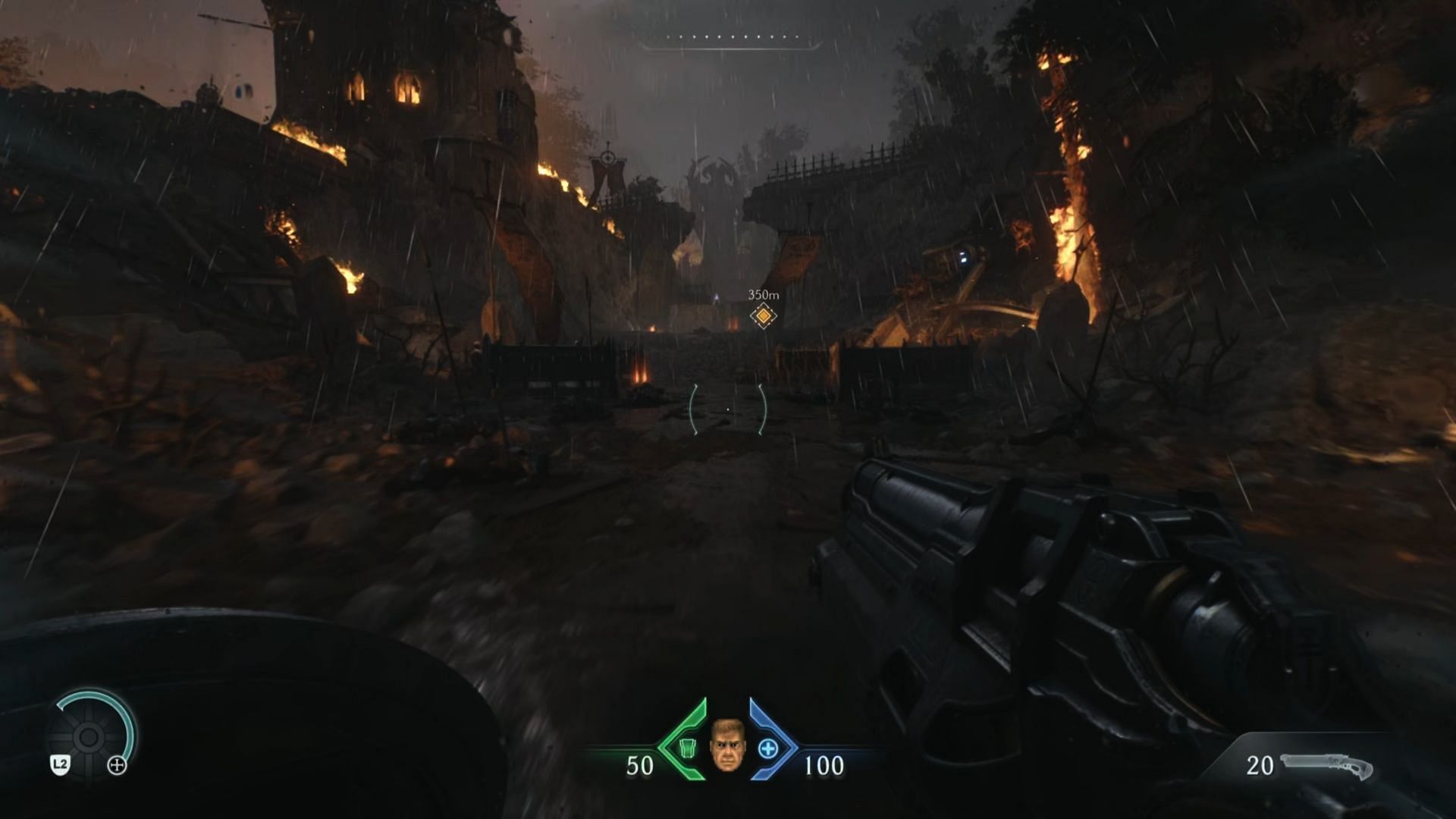 It all starts here, with an aesthetic that blends traditional Doom, Wolfenstein, and Castlevania (Image via Bethesda Softworks)